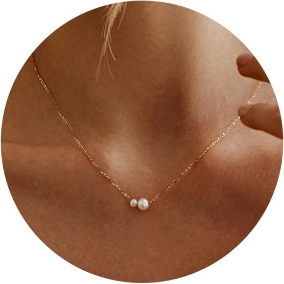Gold Pearl Necklace for Women 14k Gold Plated Drop Charm Jewelry Gift - Picture 1 of 9